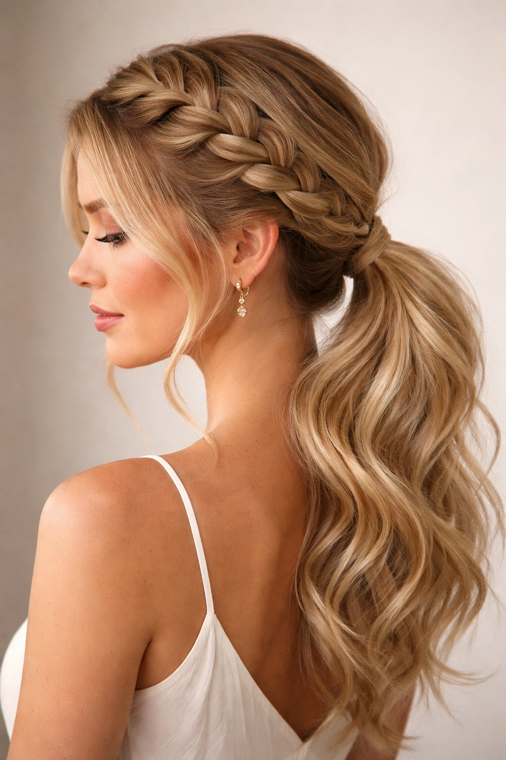 Close-up of soft side-swept Dutch braid ponytail on blonde hair
