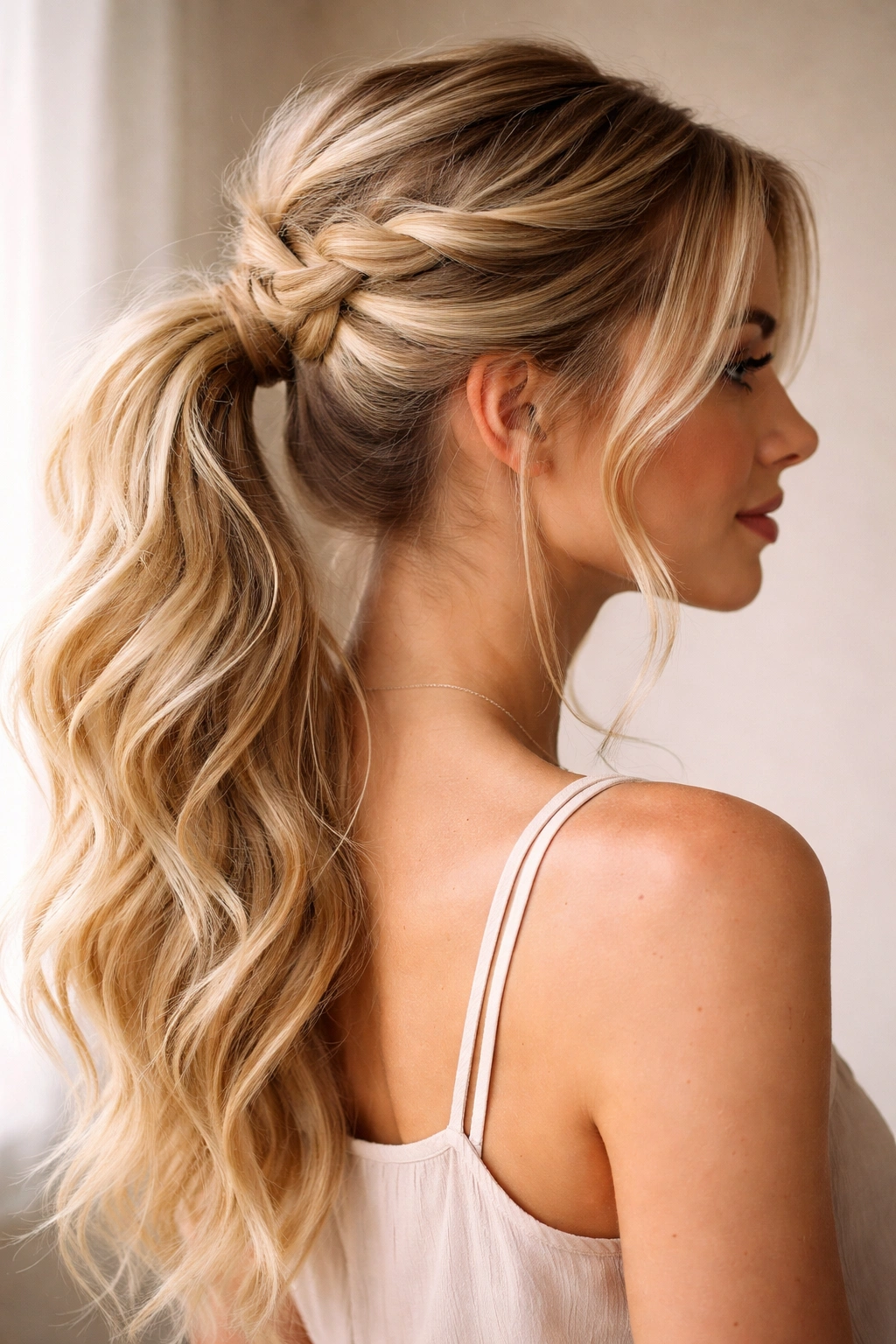 Close-up of a blonde braided ponytail with textured braid and loose strands