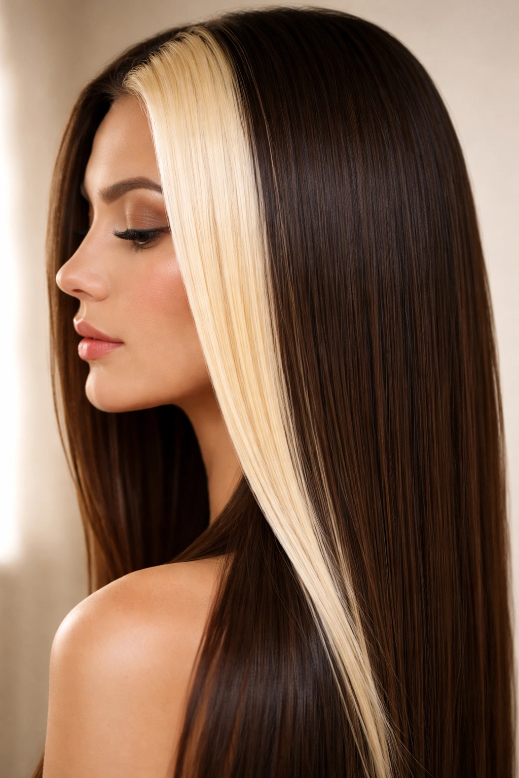 Close-up of straight hair with blonde and deep brown skunk stripe