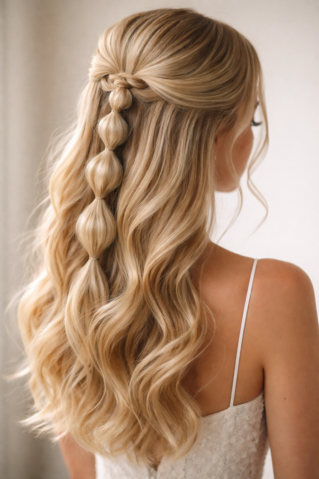 Close-up of classic blonde bubble braid half-up hairstyle with defined bubbles