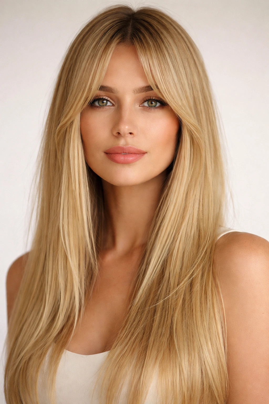 Straight blonde hair with middle-part curtain bangs framing the face