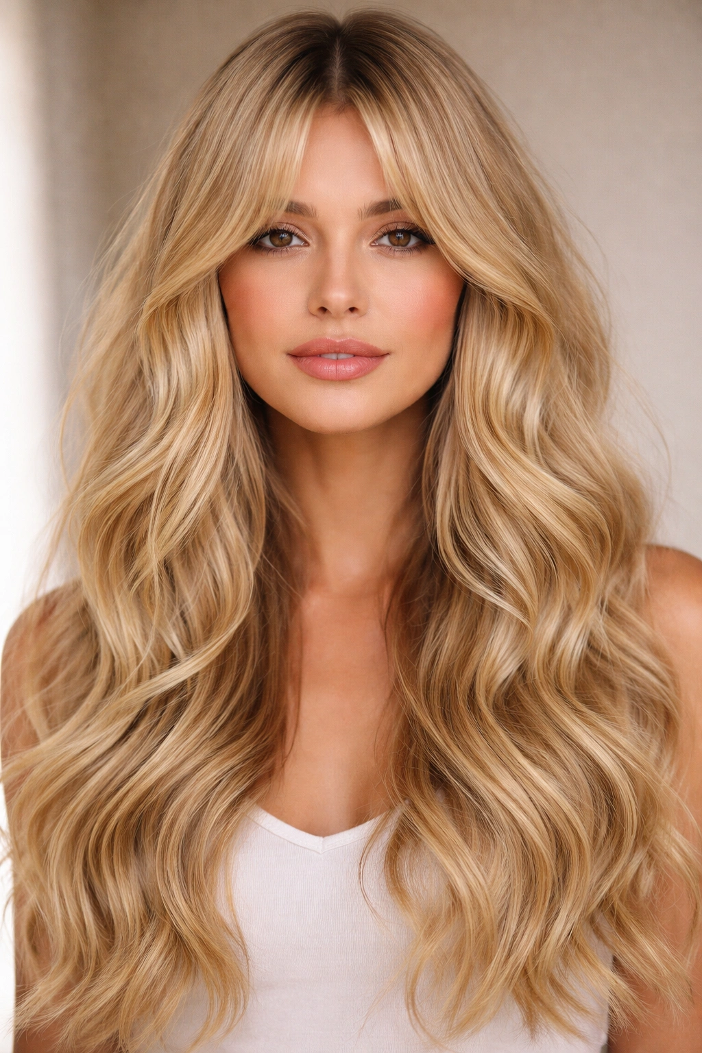 Blonde thick waves with curtain-cut bangs framing the face.