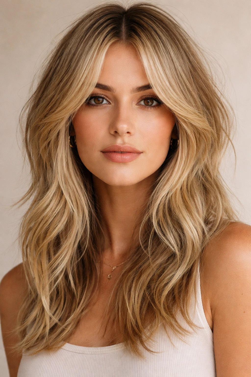 Close-up of a blonde choppy curtain cut with a center part and lighter center pieces