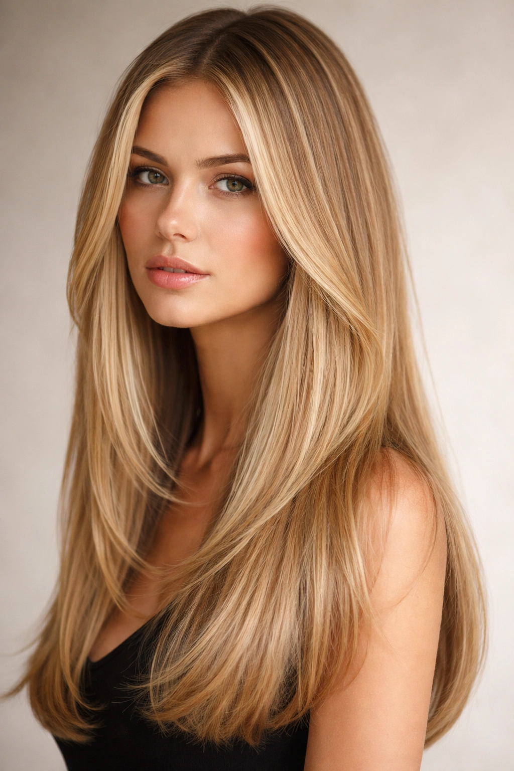 Long blonde hair with face-framing layers at cheekbone, soft dimension