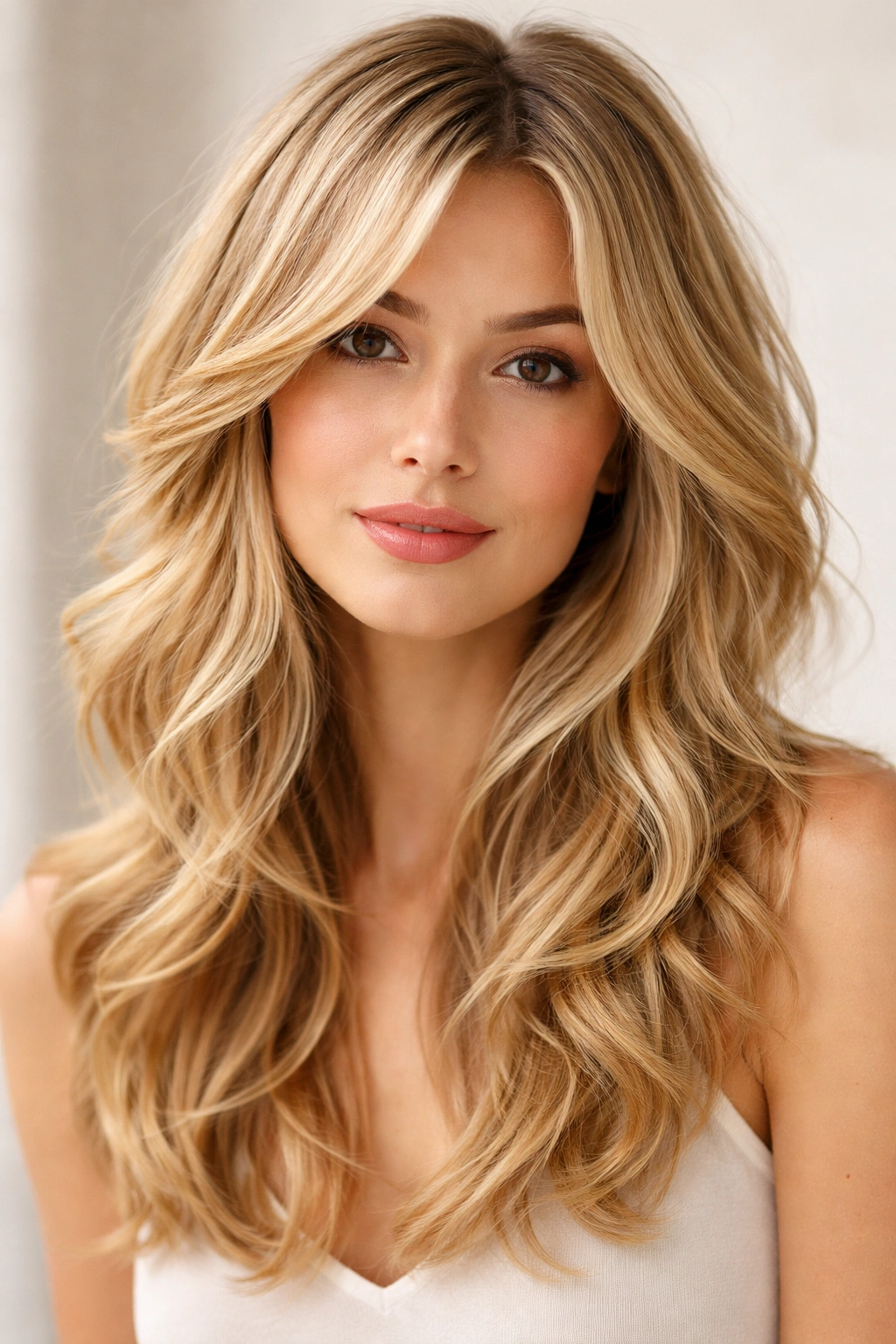 Blonde hair with soft feathered layers and gentle movement