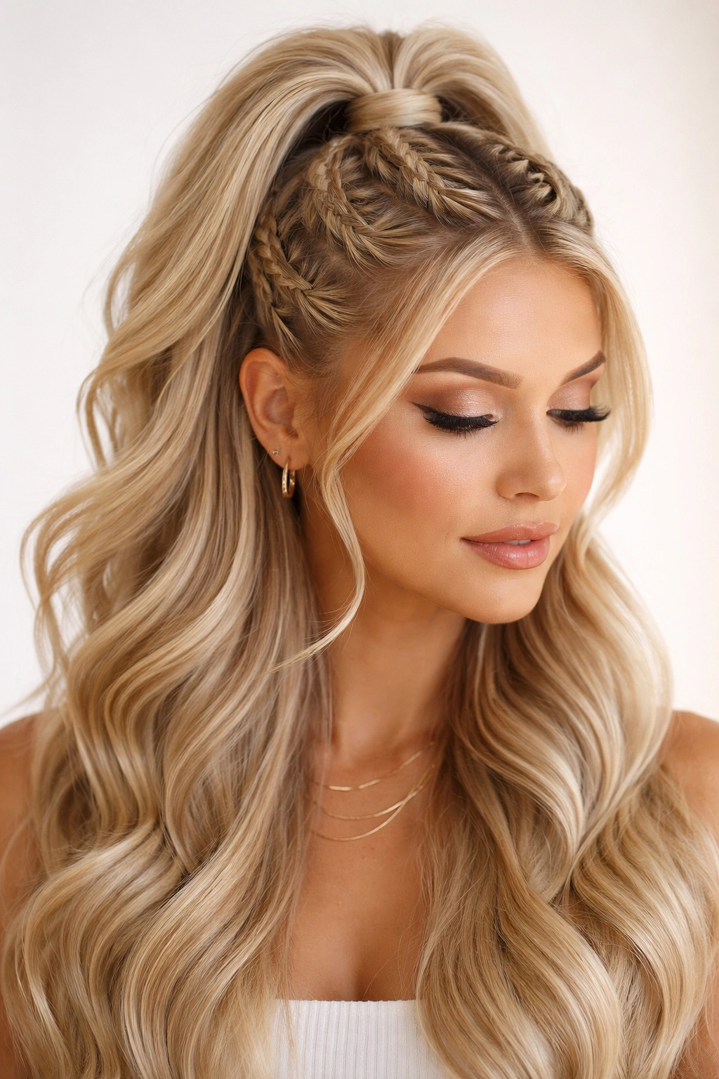 Blonde half-up with braided Dutch braids and woven accents