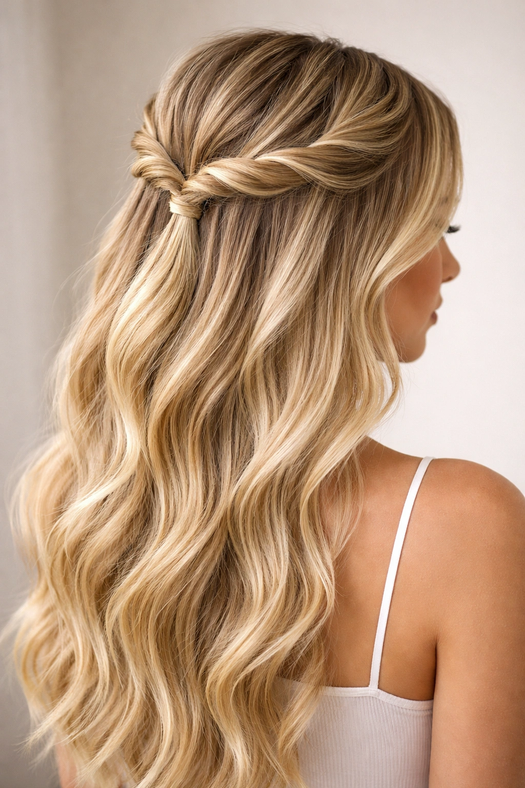Blonde length half-up with crown twists