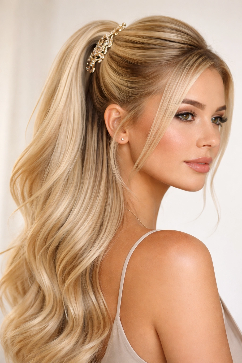Sleek blonde half-up secured with a statement clip
