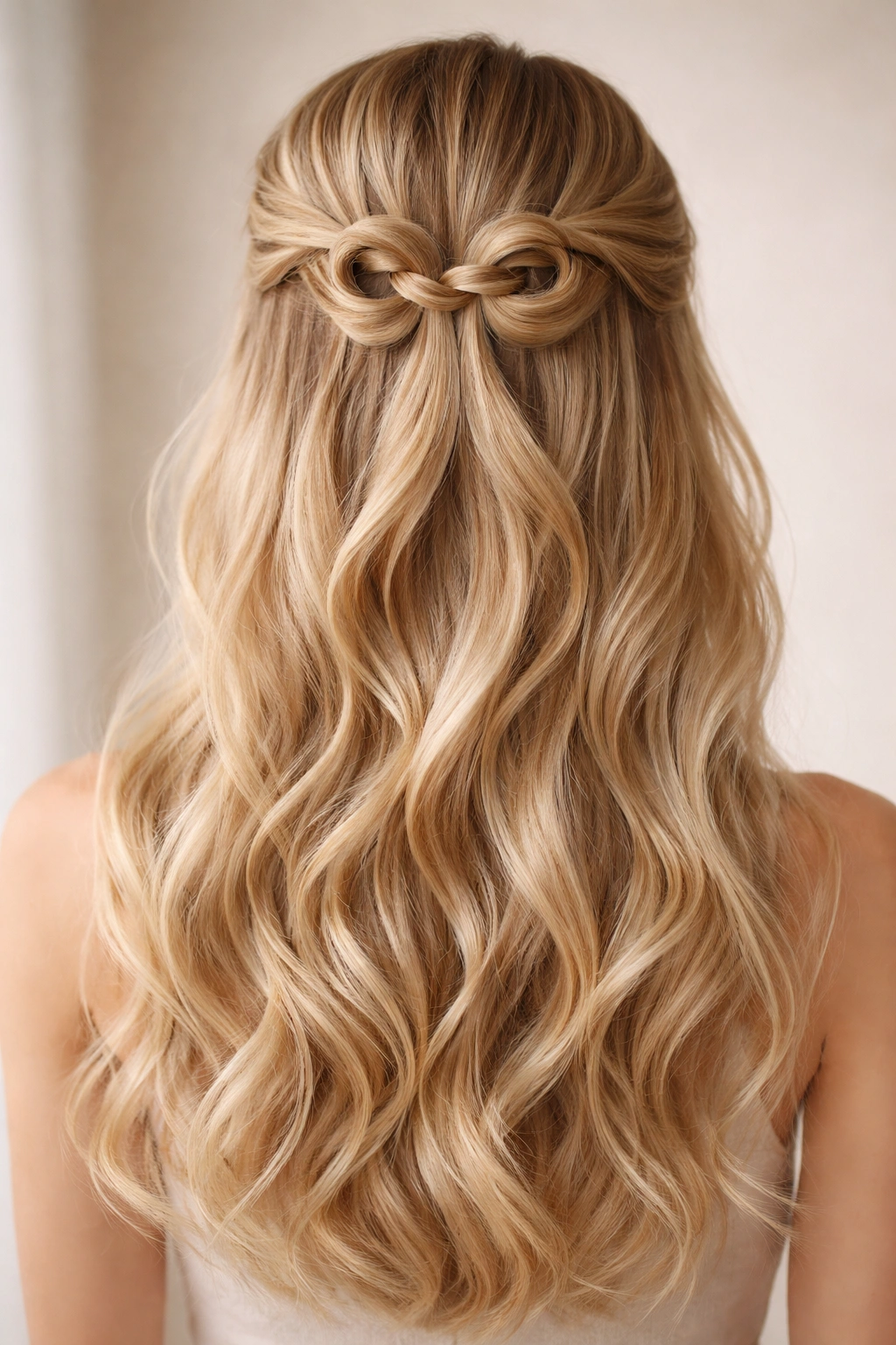 Close-up of blonde hair with crown twisted loop hairstyle featuring decorative loops