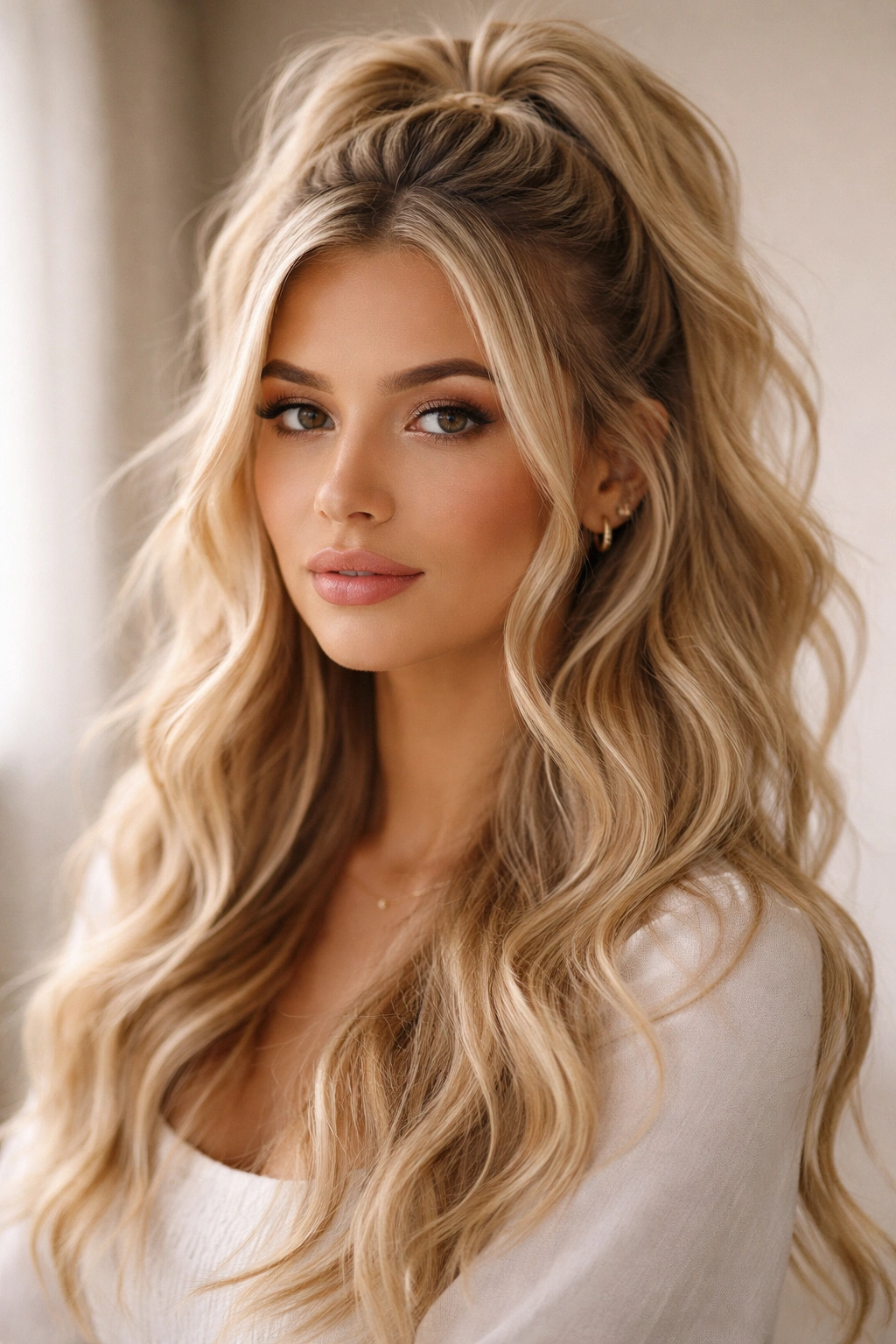 Blonde textured half-up with waves and face-framing pieces