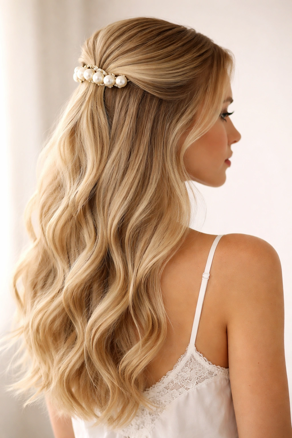 Blonde hair styled with a large pearl clip at the crown