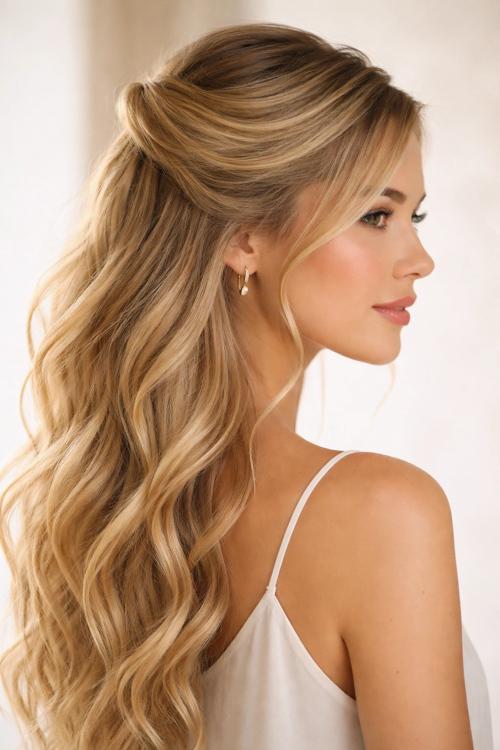 Asymmetrical side-swept half-up on blonde hair