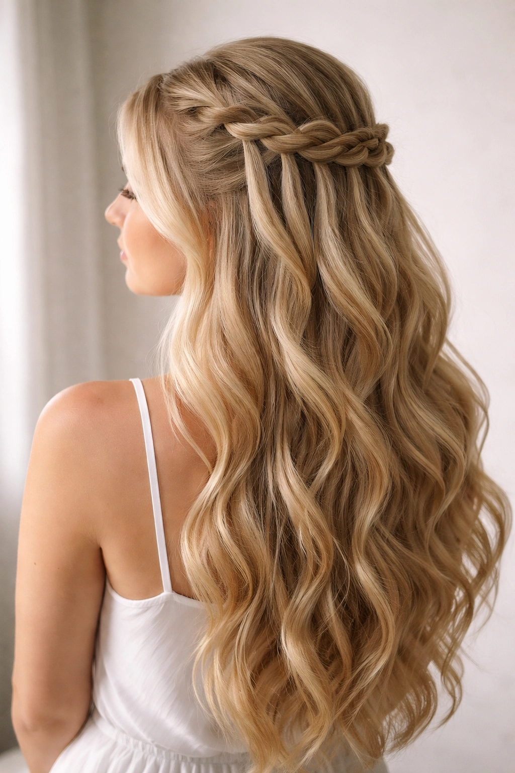 Waterfall braid half-up on long blonde hair with cascading strands