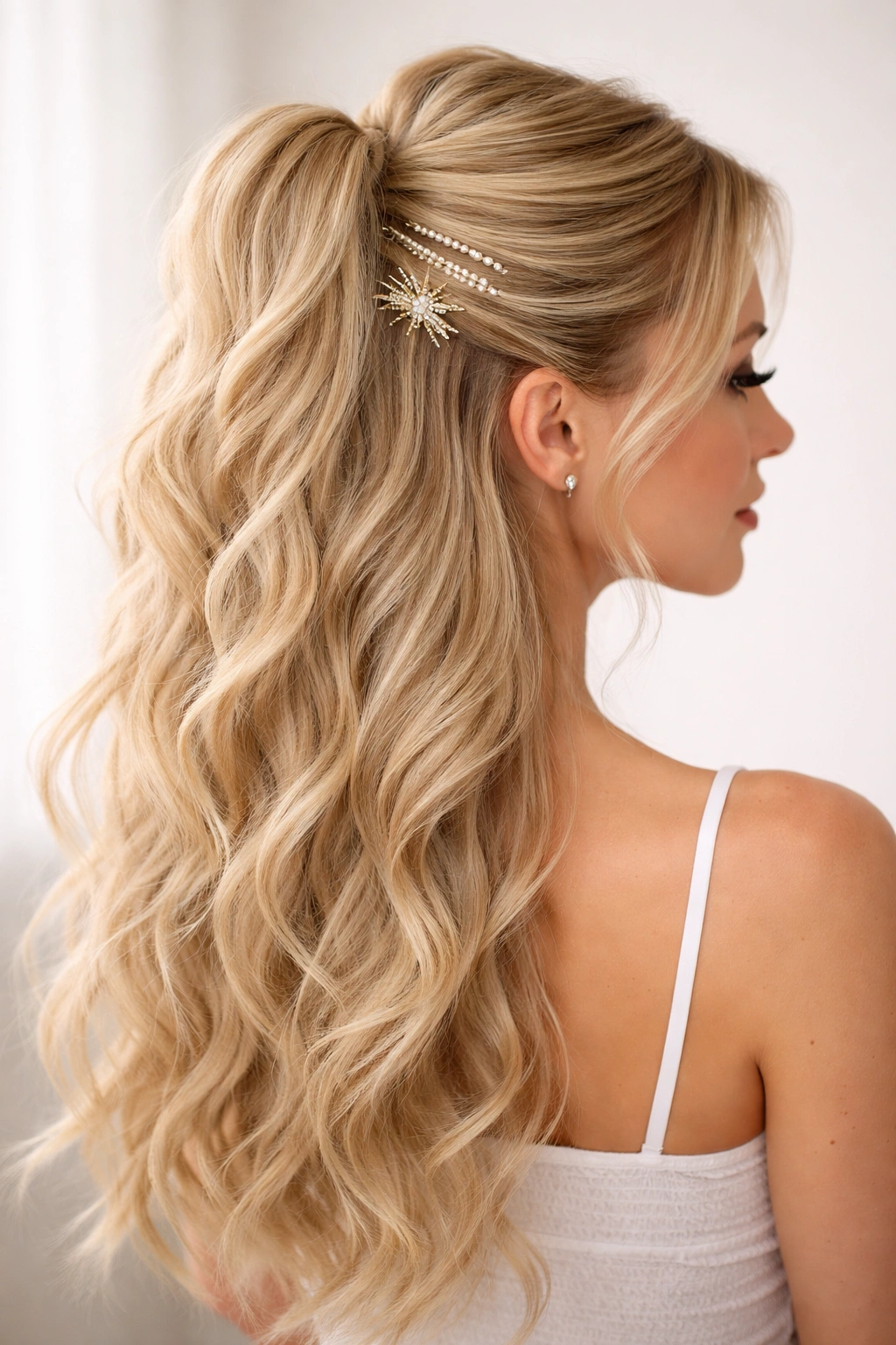 Blonde half-up hairstyle with decorative pins