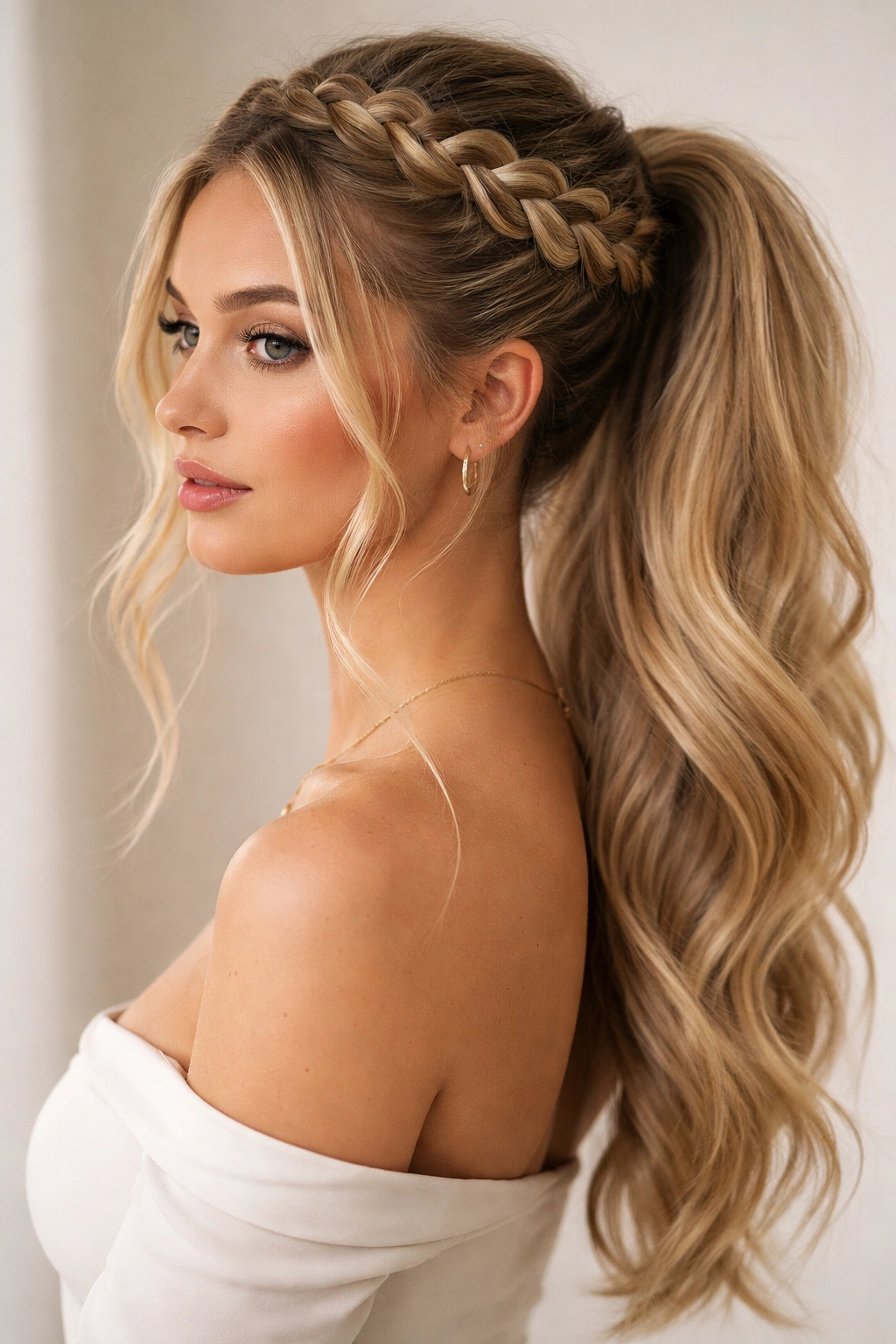 Halo braid around crown with face-framing blonde wisps and ponytail