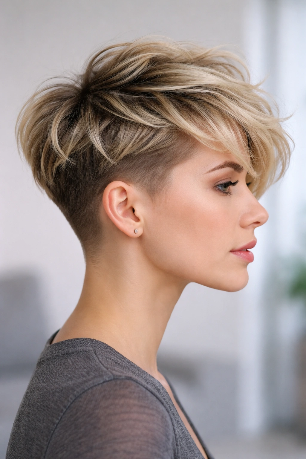 Blonde long pixie fade with very short sides and longer top layers