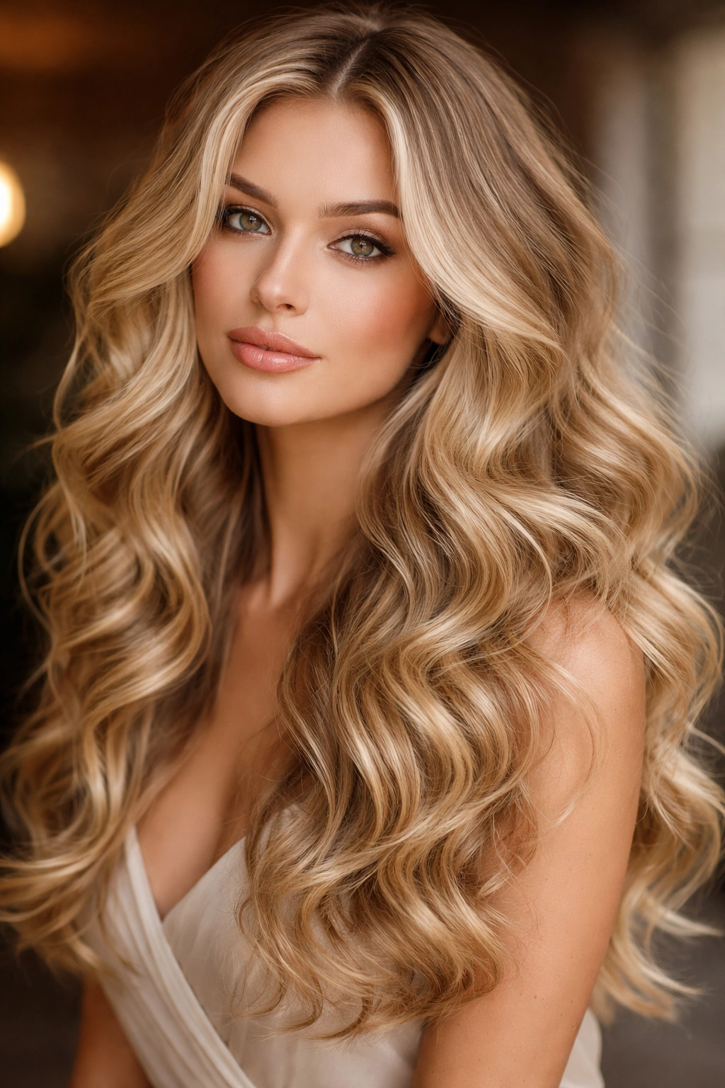Blonde hair with loose curls and highlights
