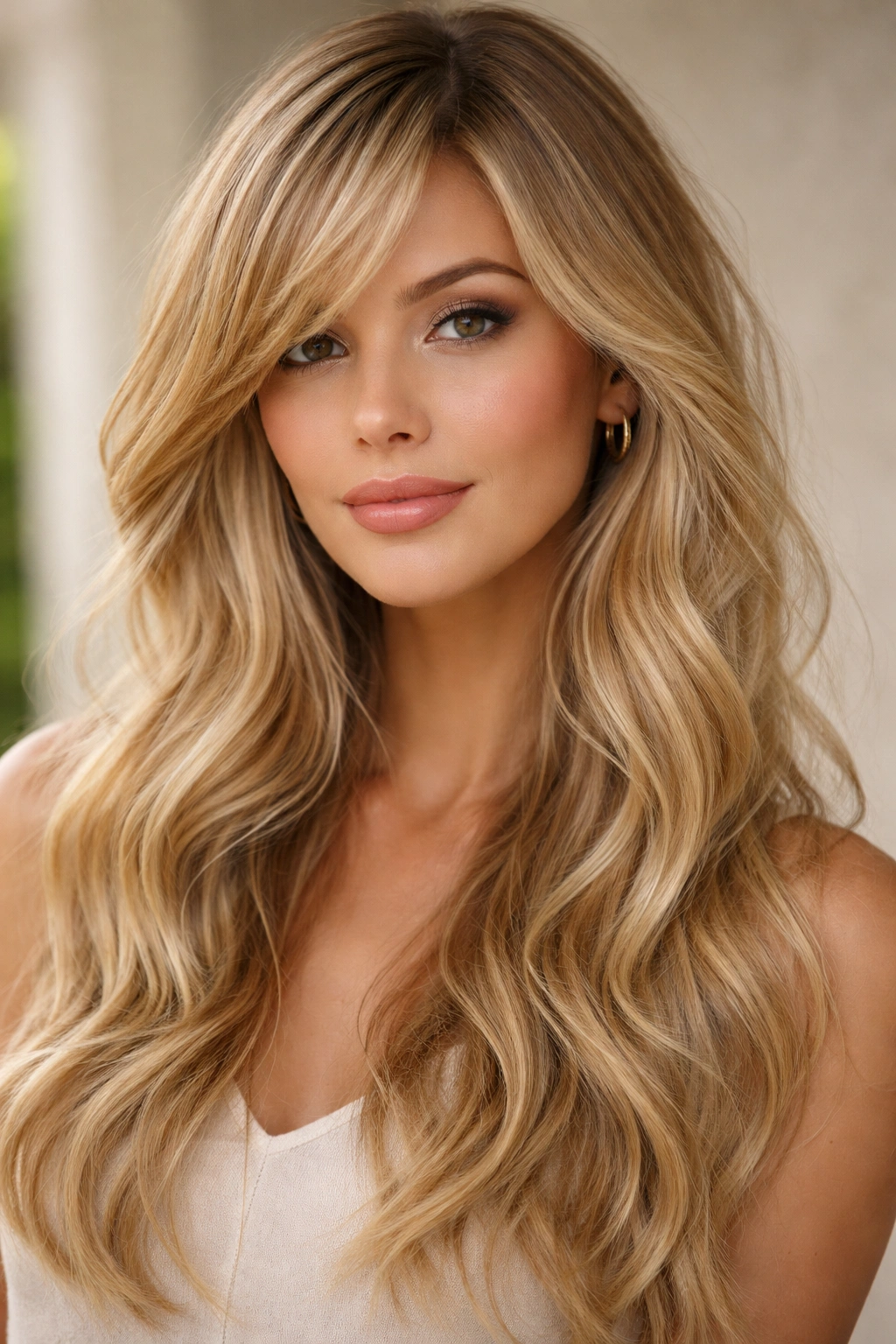 Blonde loose waves with side bangs sweeping across the face.