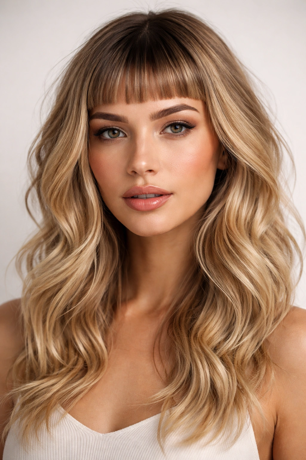 Blonde hair with micro bangs and layered waves