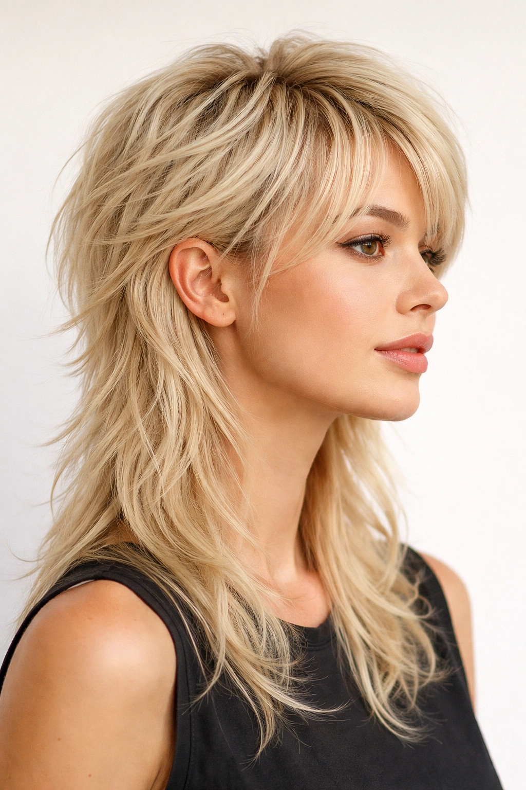 Modern wispy blonde mullet silhouette with short top and longer back