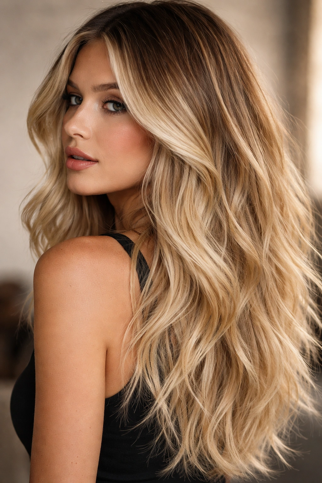 Blonde ombre hairstyle with textured layers and color gradient