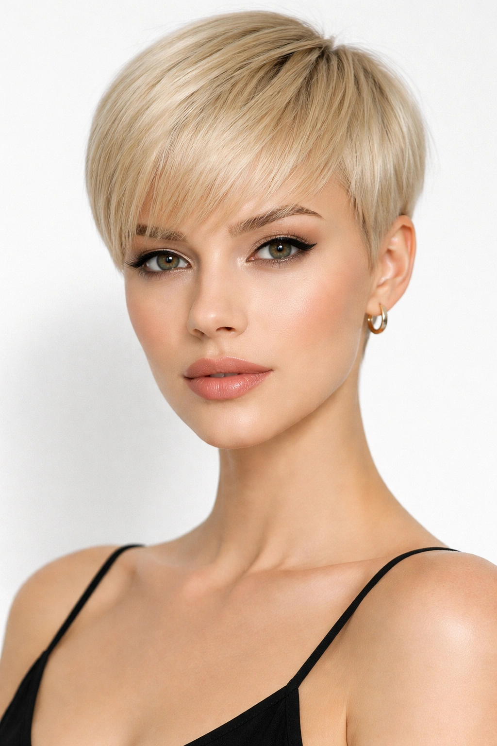 Close-up portrait of a blonde pixie crop with sharp straight lines