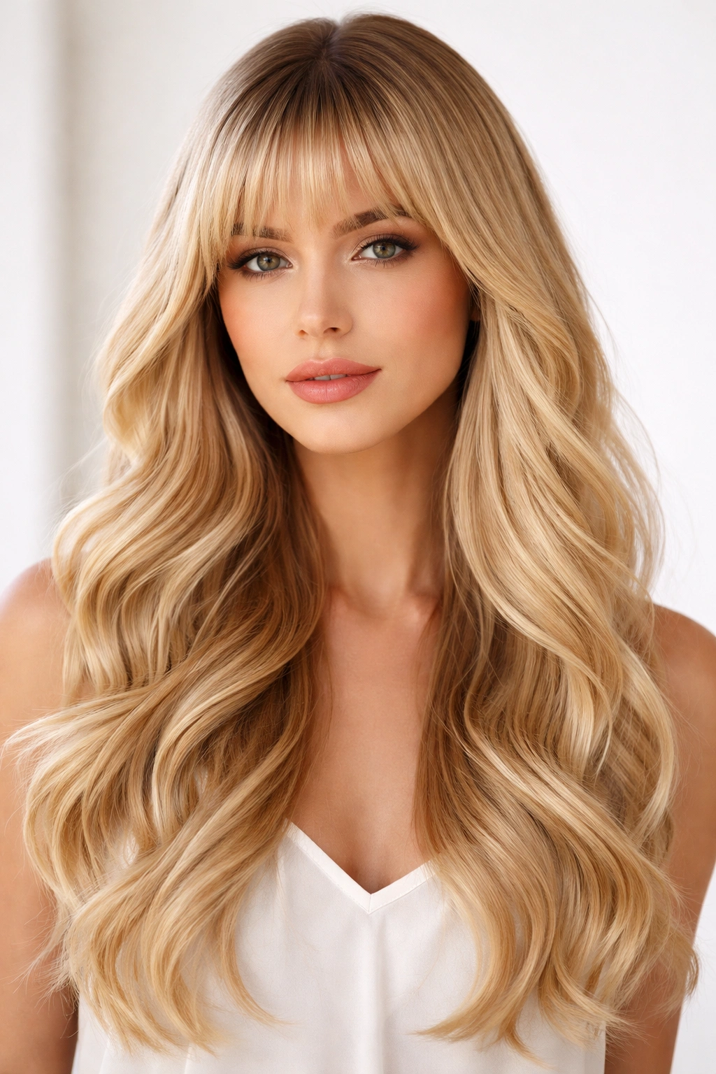 Sleek blonde waves with arched bangs curving above the brow.