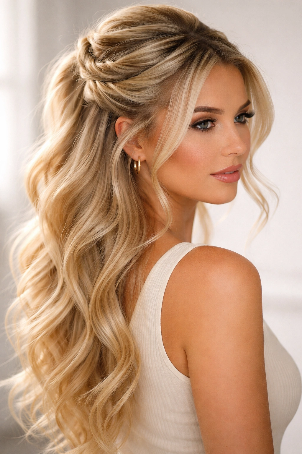 Blonde half-up with twisted sections and added volume