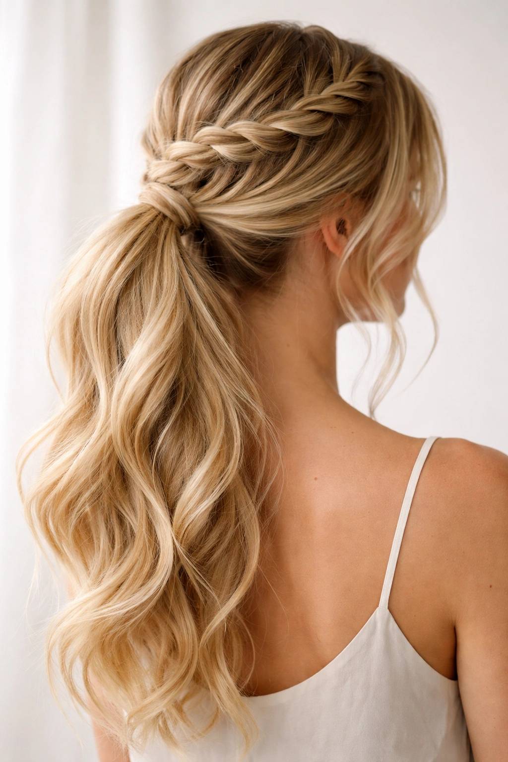 Blonde waterfall braid with ponytail and flowing strands