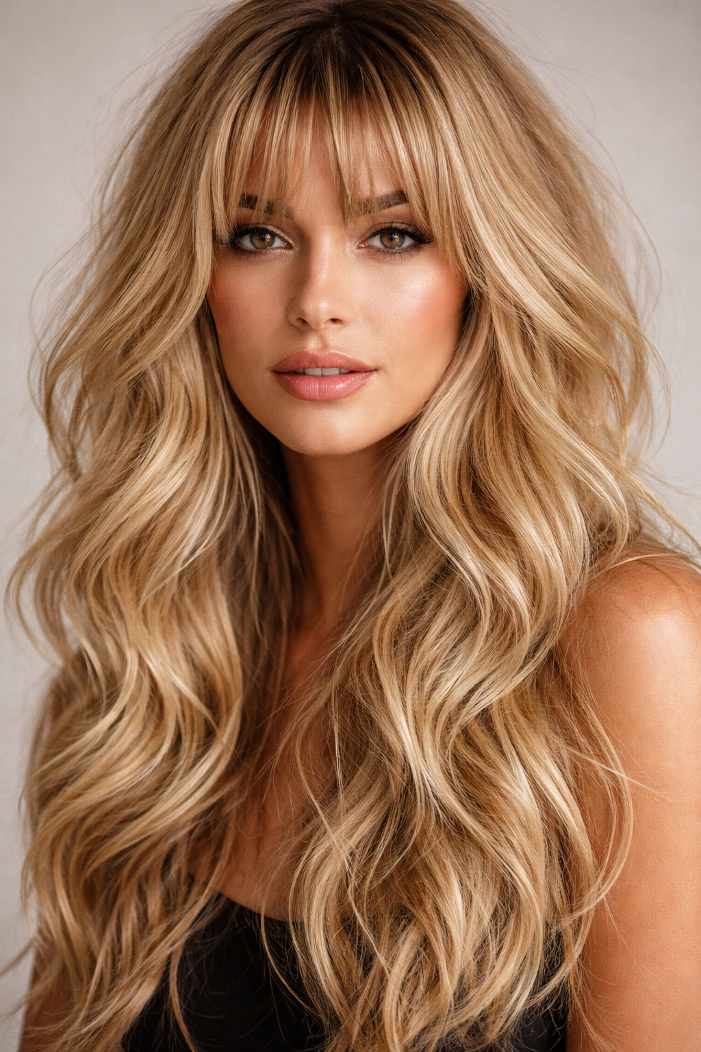 Close-up of blonde voluminous waves with choppy bangs framing the face.