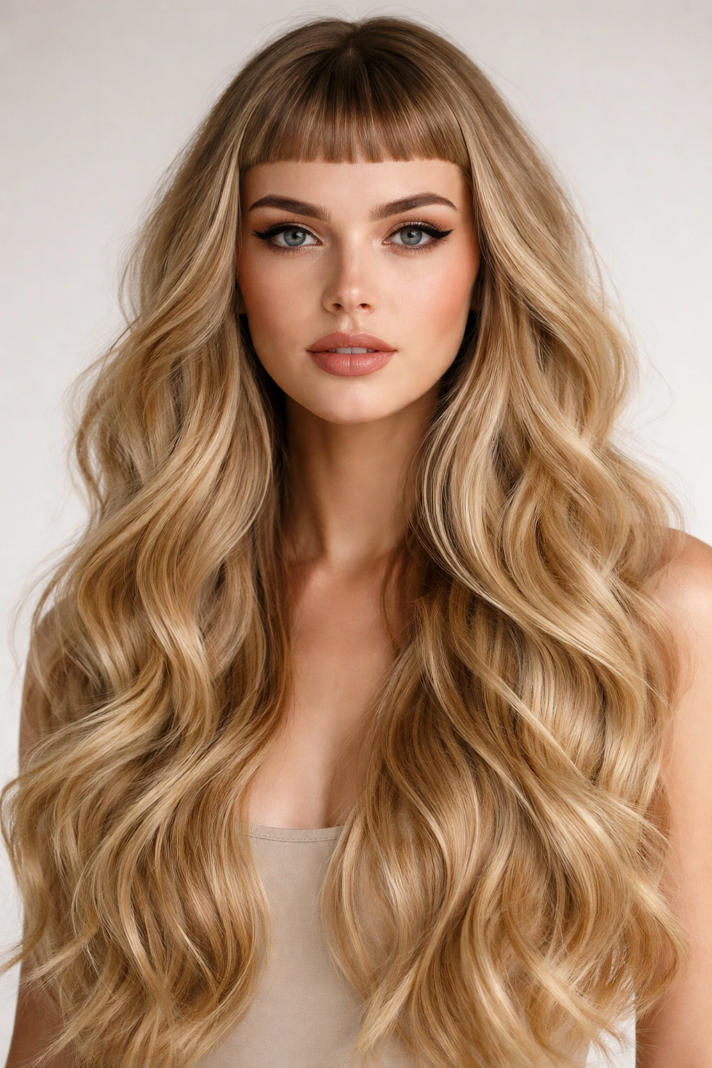 Blonde cascade waves with micro bangs framing the face.