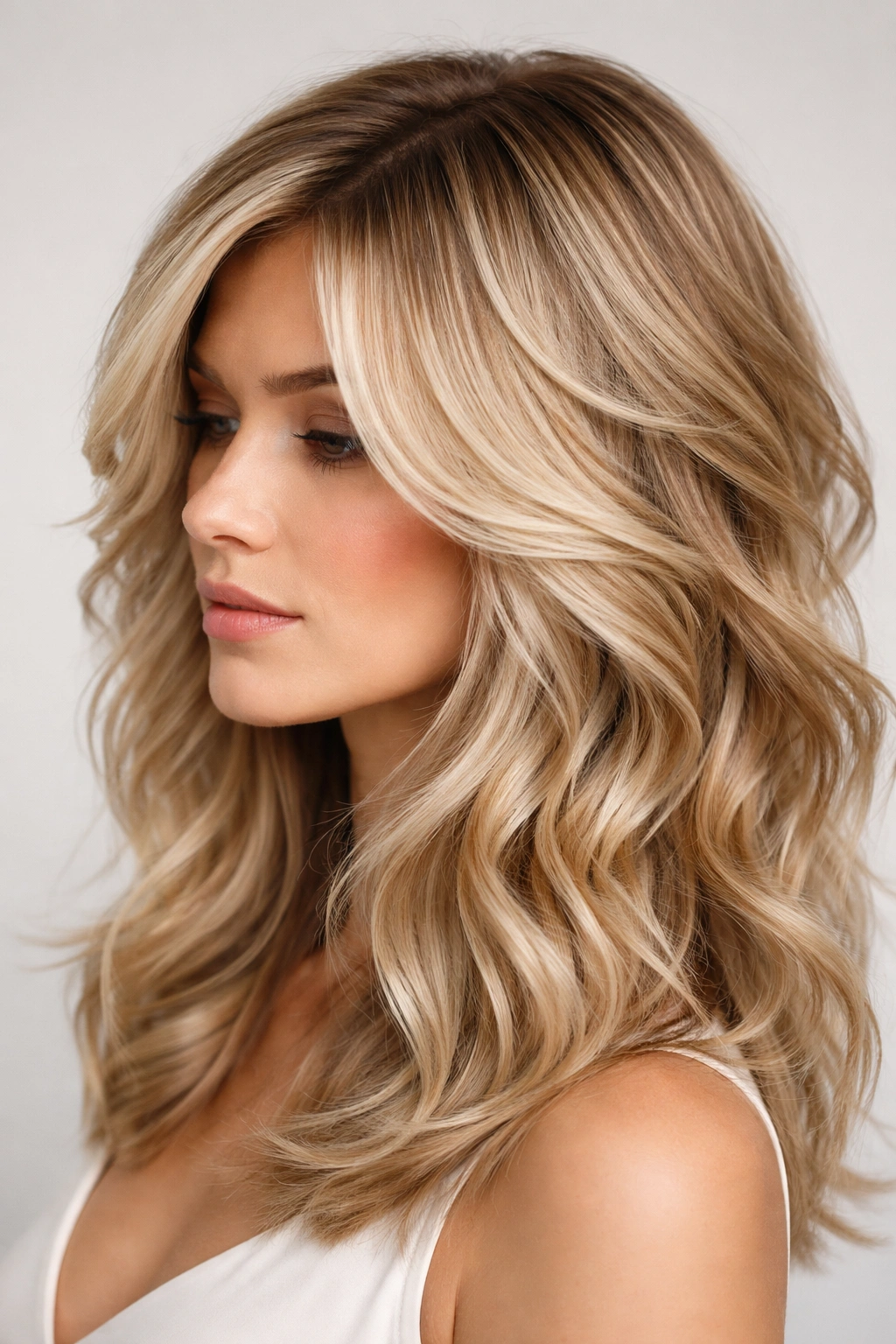 Close-up of blonde structured waves with sharp layers, showcasing precise cut and glossy finish