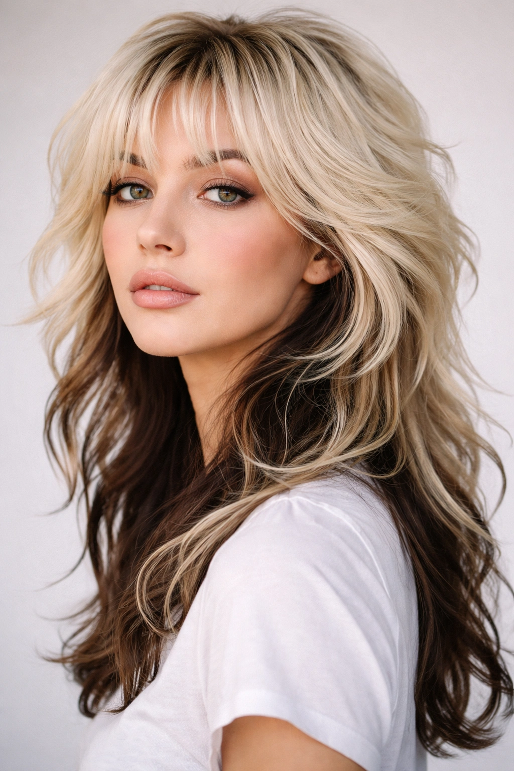 Shoulder-length blonde wolf cut with darker underlayer visible in movement