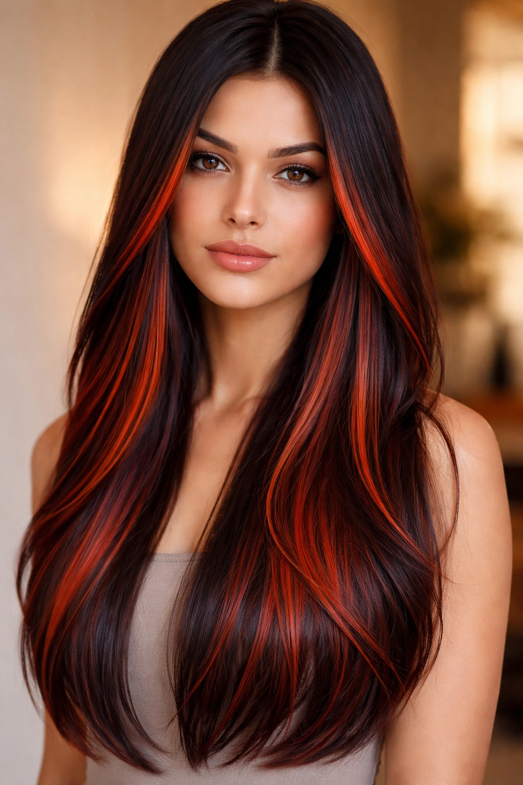 Straight hair with bold blood orange and copper balayage highlights