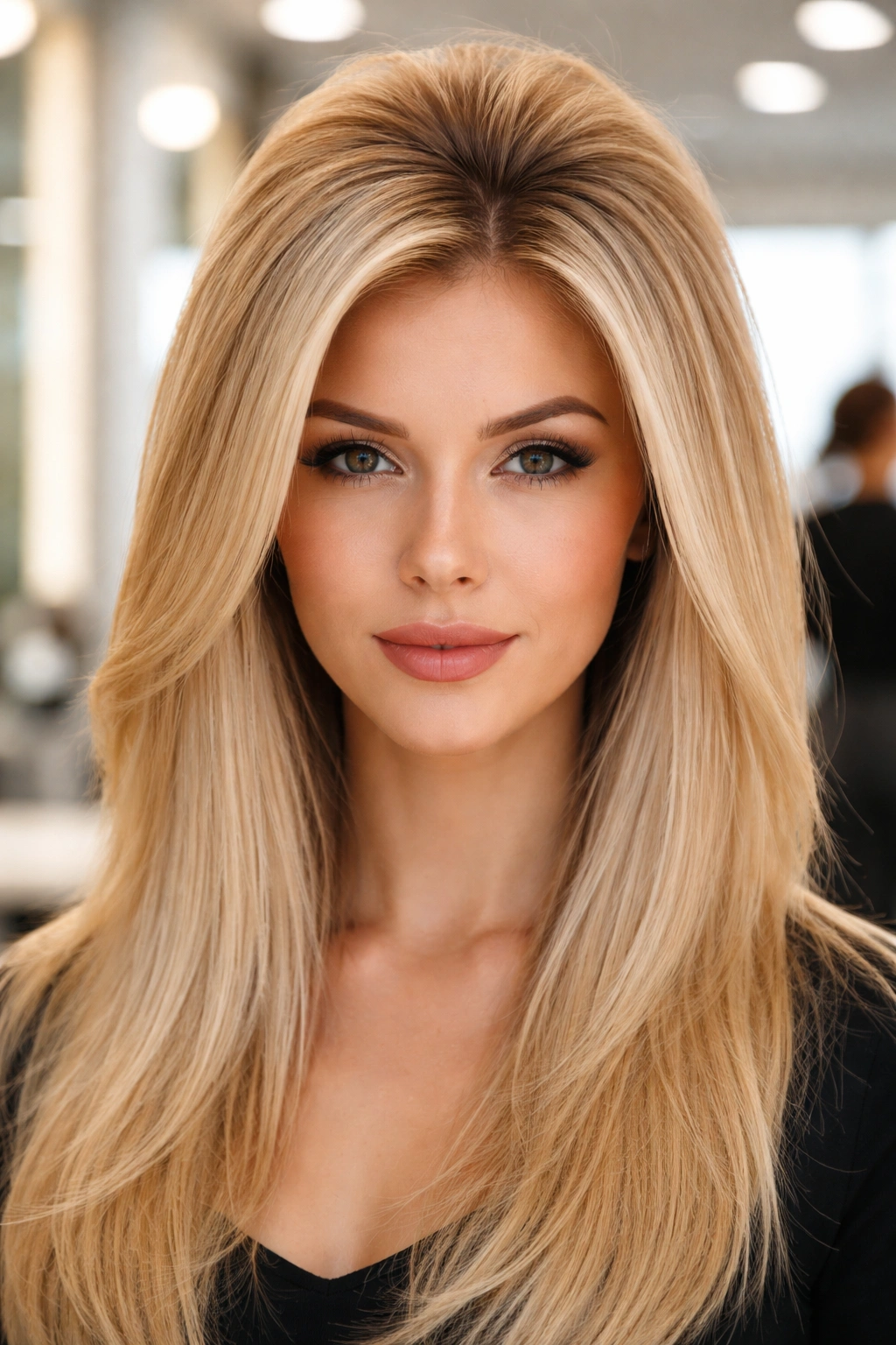 Blowout hairstyle with root lift achieved by backcombing