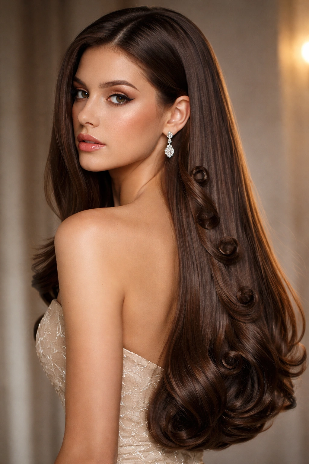Straight blowout with formal pin curls on glossy straight hair