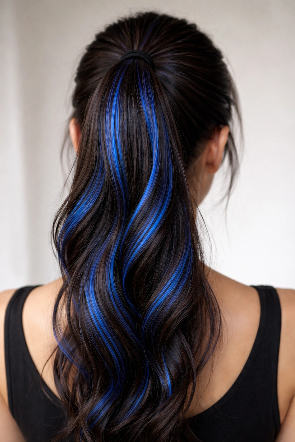 Back view of a ponytail with electric blue streaks woven through a dark base