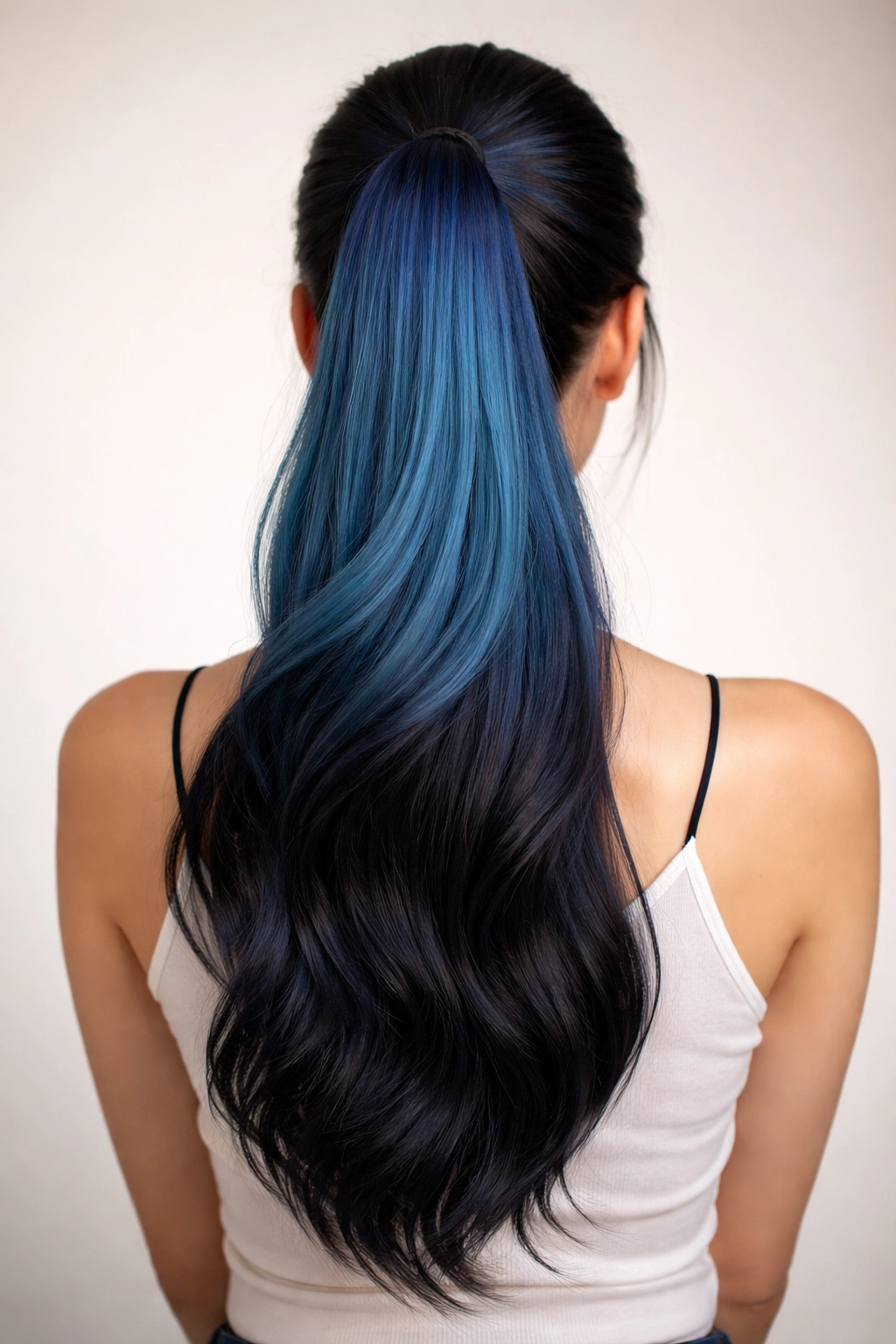 Back view of an ombre blue to black ponytail with smooth gradient from roots to ends