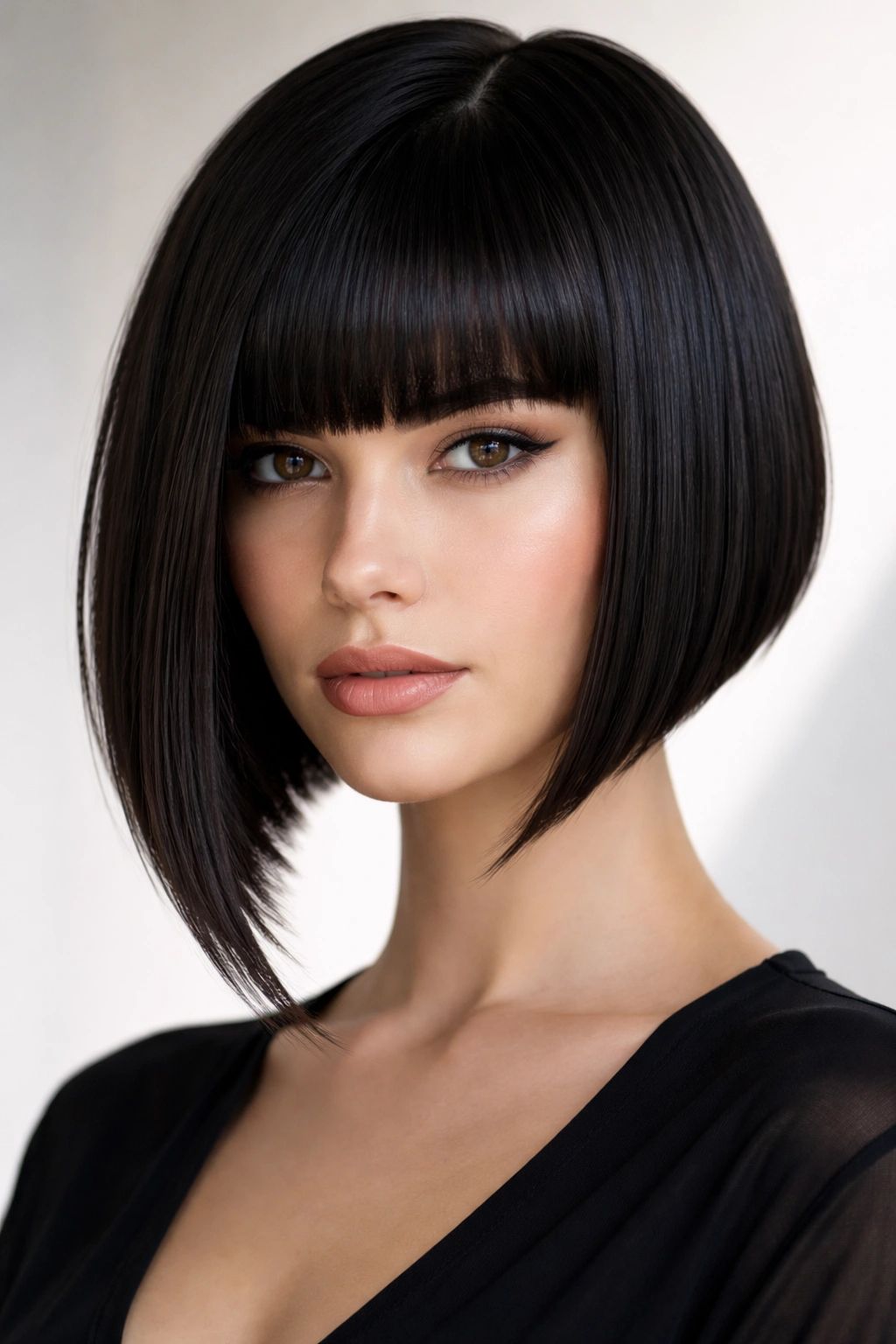 Angled blunt bob with blunt bangs in a studio.