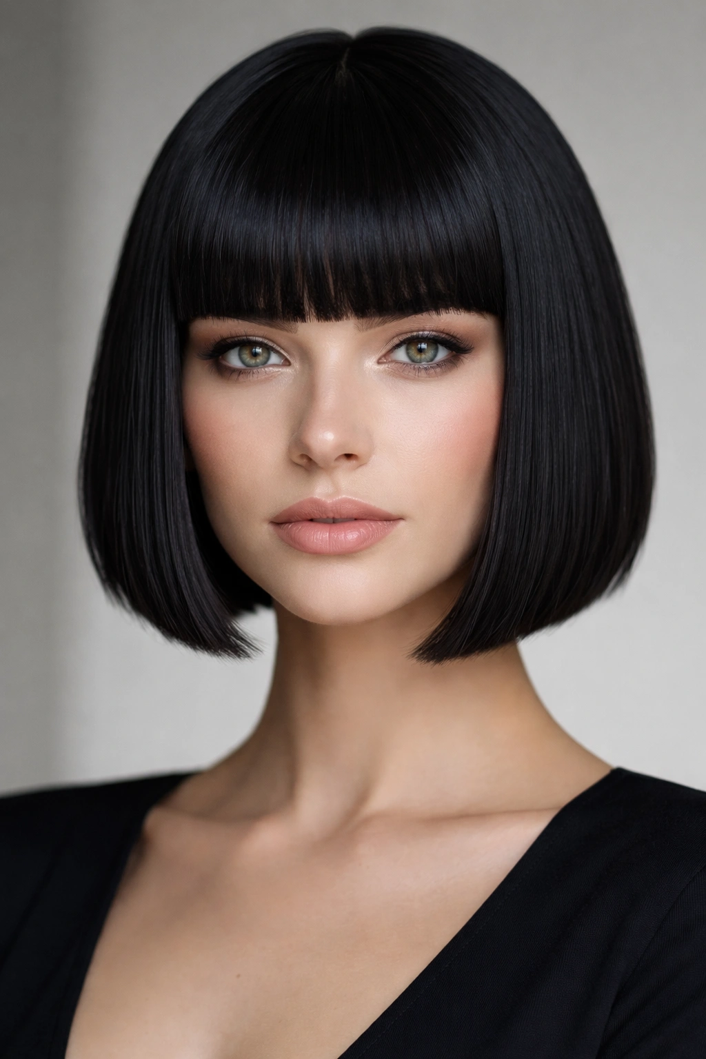 Blunt bangs bob with thick straight-across bangs