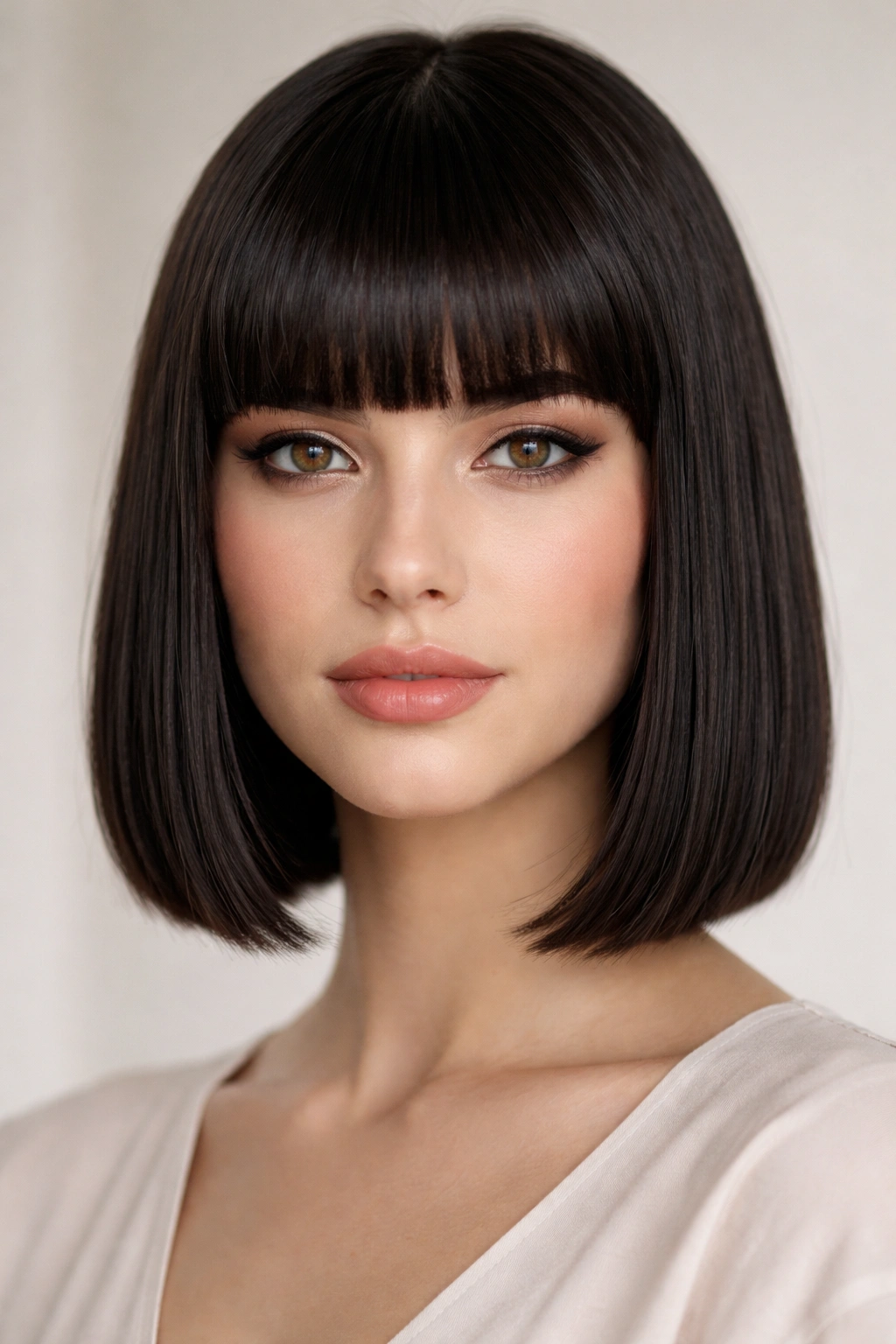 Front-facing portrait of straight hair with blunt bangs and chin-length style