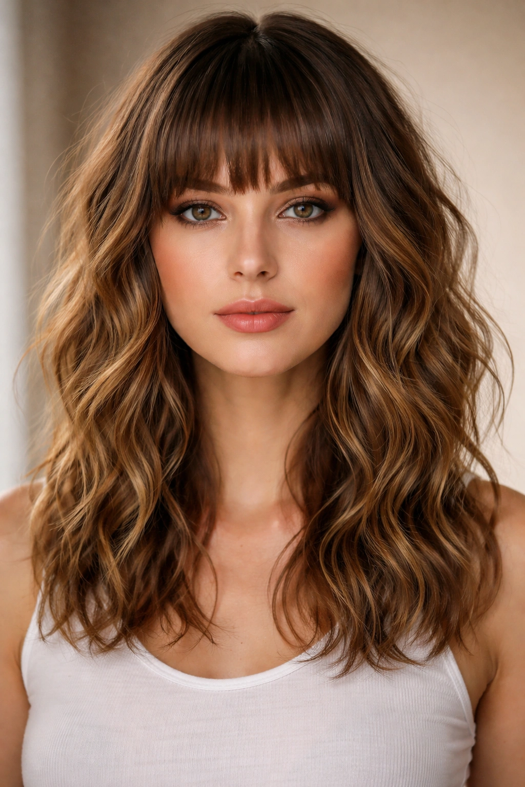 Blunt bangs with eyebrow-length cut and choppy waves in studio portrait