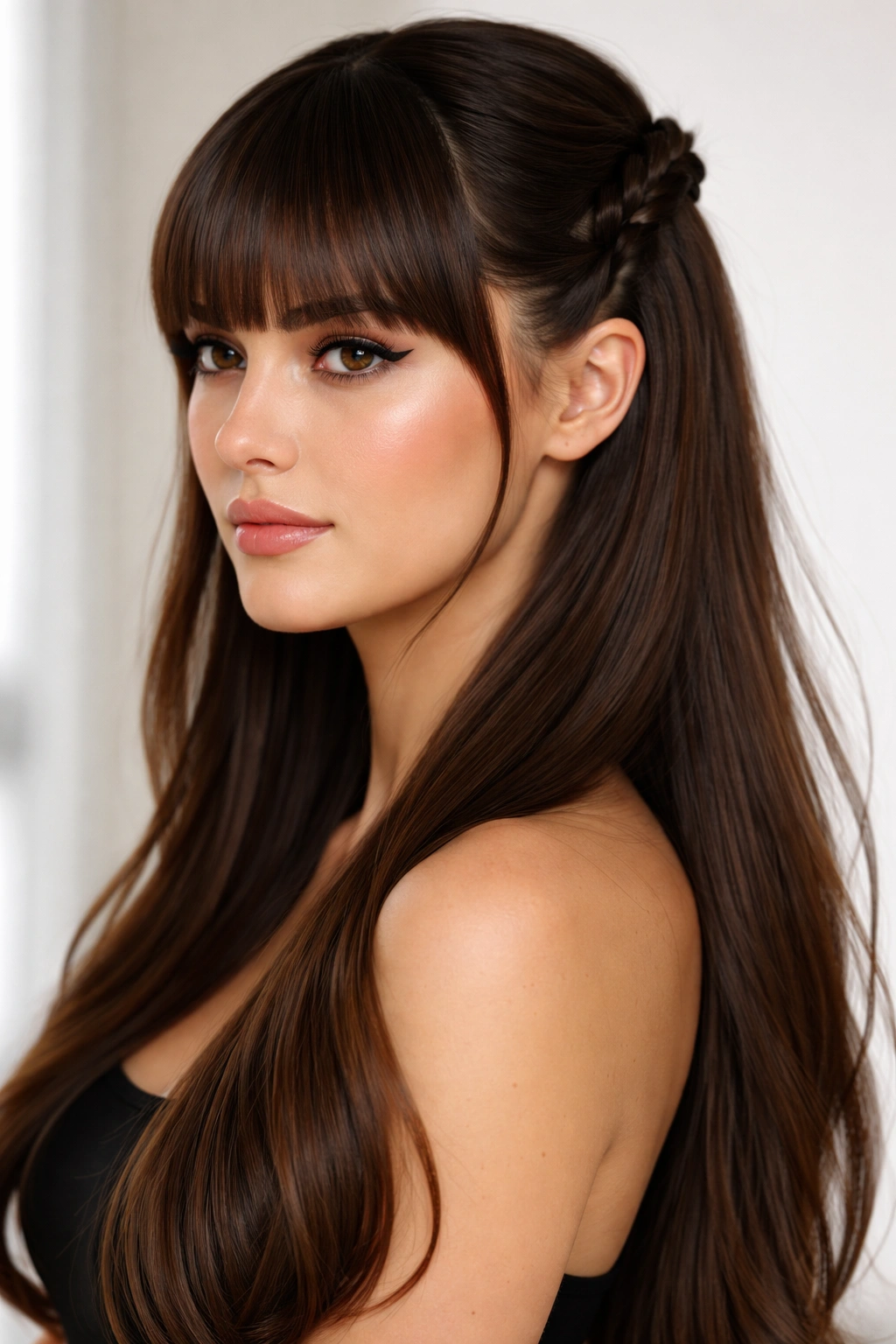 Blunt bangs with two sleek twists at back in three-quarter view