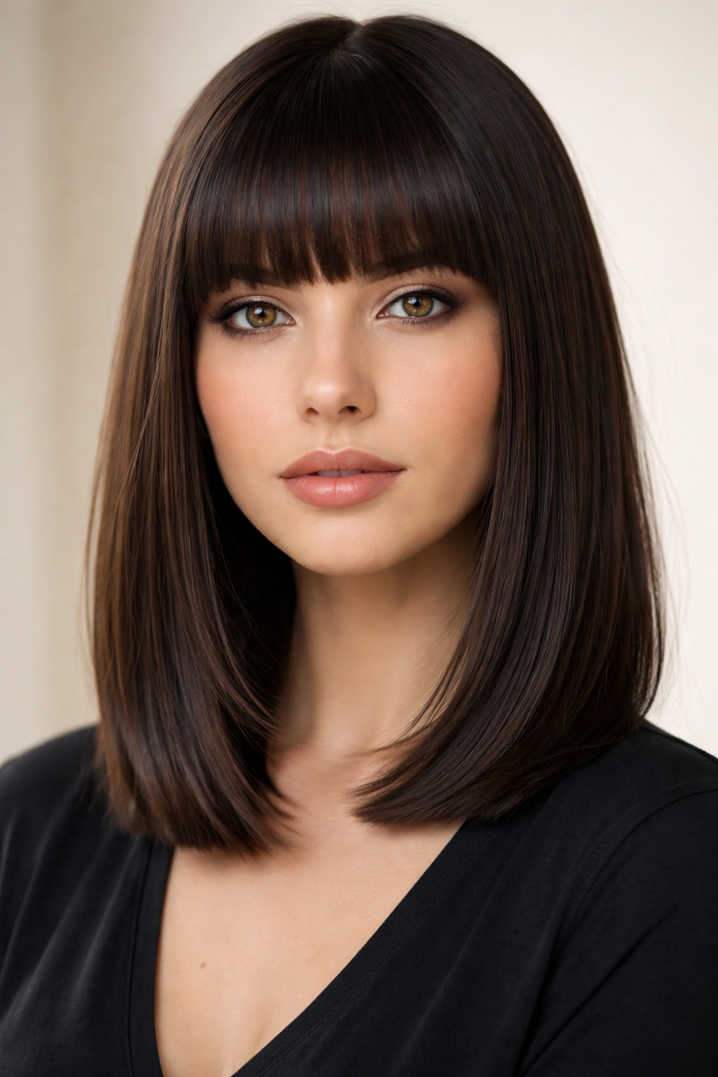 Lob with blunt bangs on straight hair