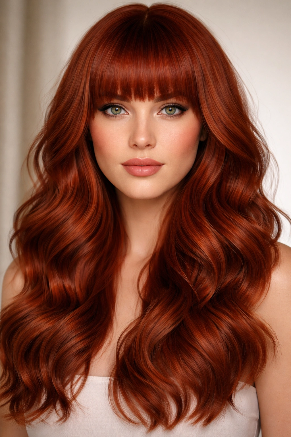 Blunt bangs with voluminous waves in red hair