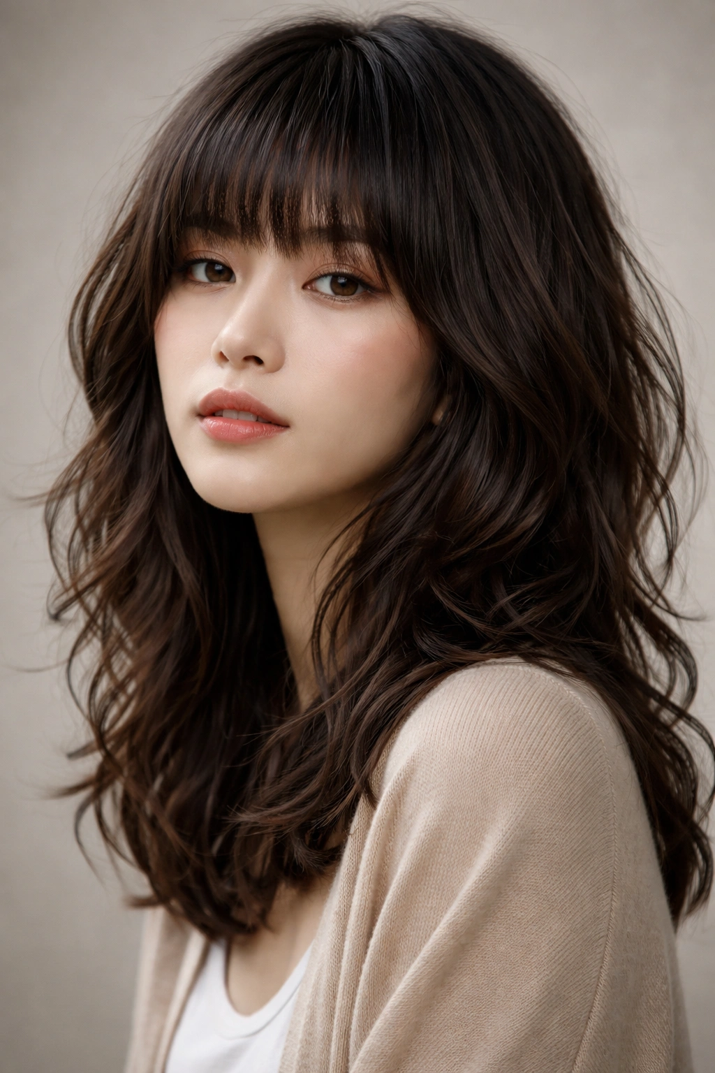 Close-up of a model with blunt bangs and shag layers in a medium wavy hairstyle