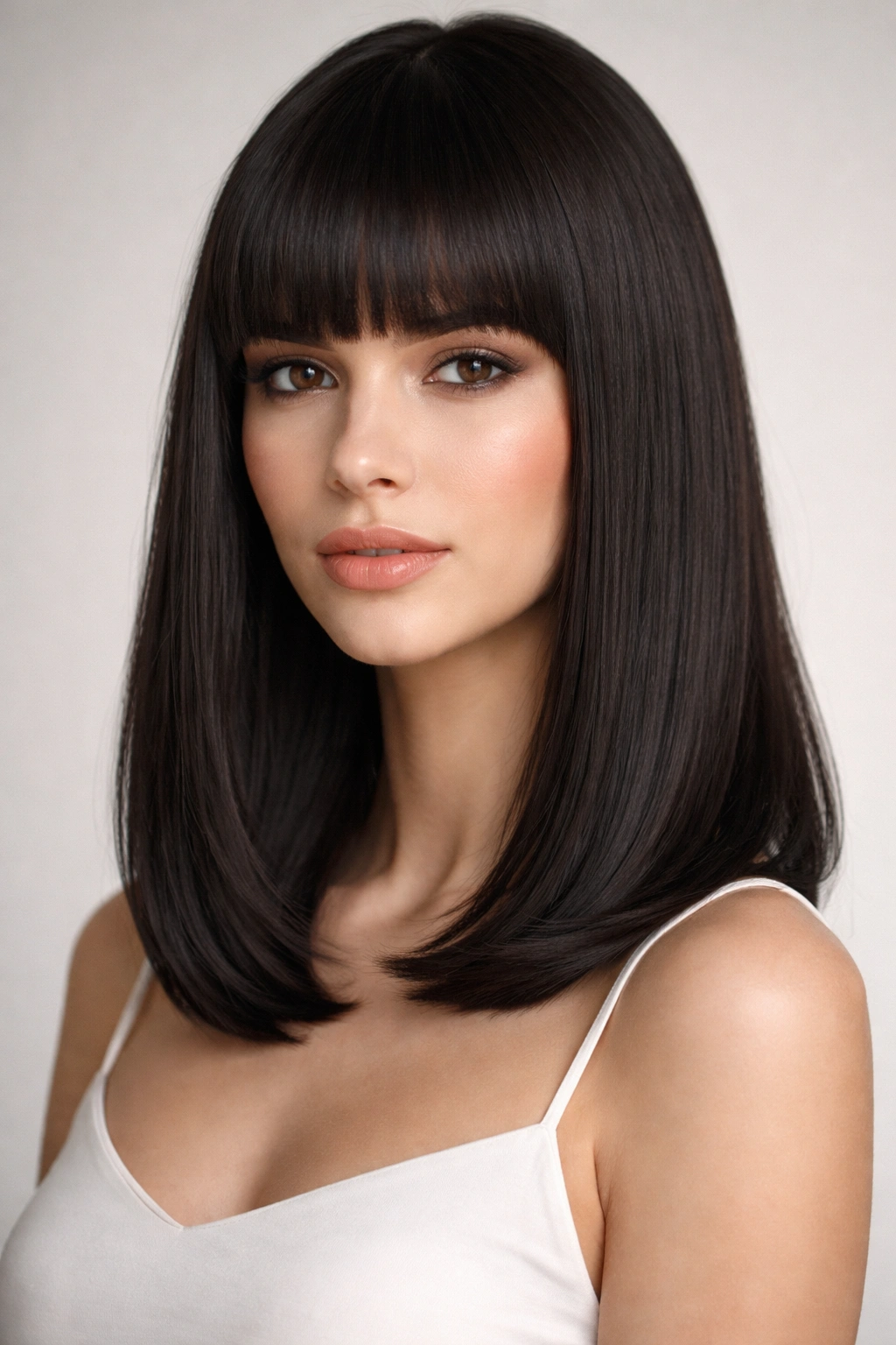 Portrait of a person with blunt straight bangs and shoulder-length straight hair.