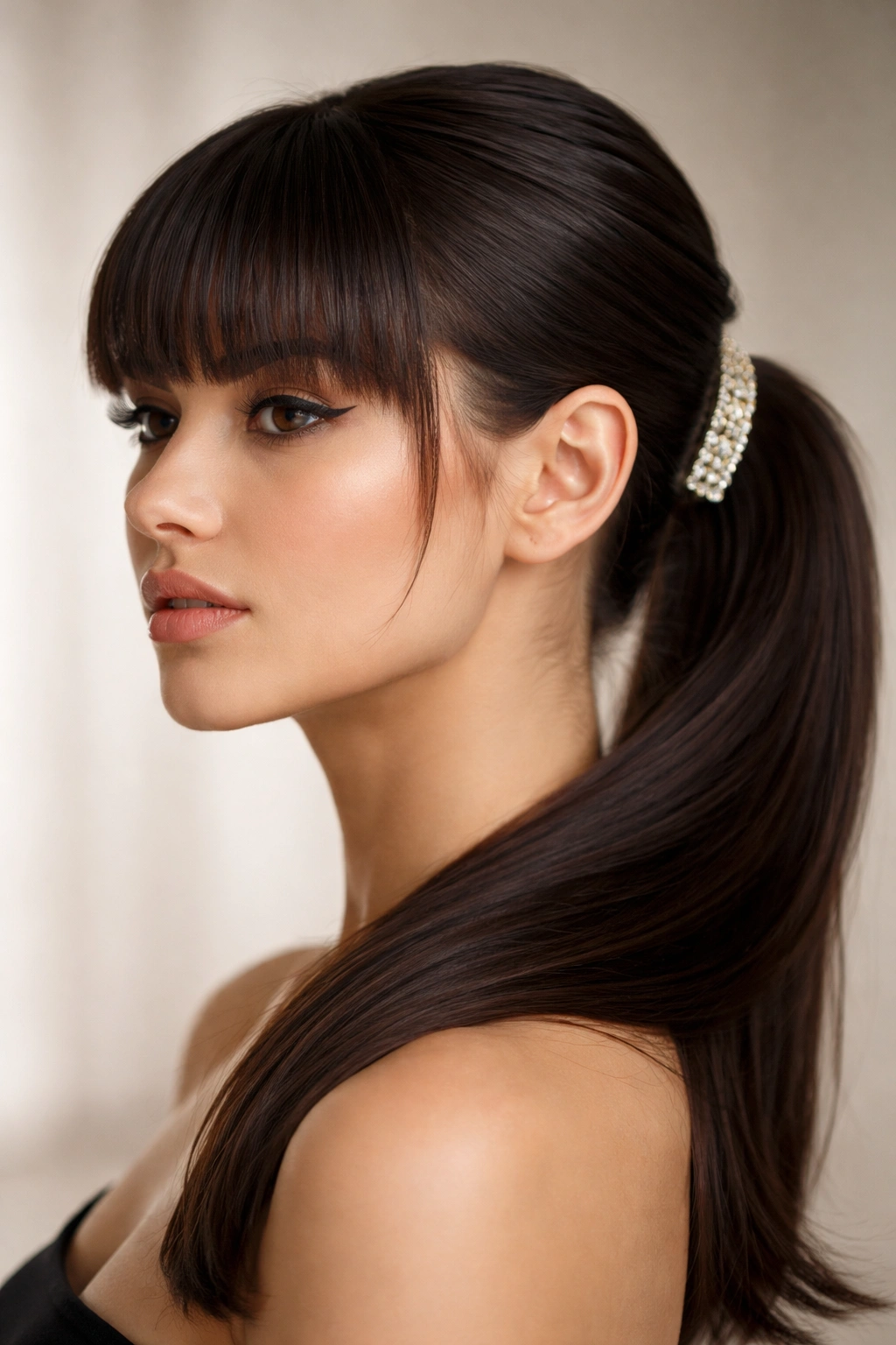 Blunt bangs with a sleek low ponytail and visible statement clip