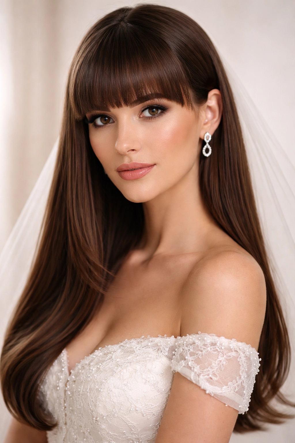 Close-up of blunt bangs and smooth layers on straight bridal hair