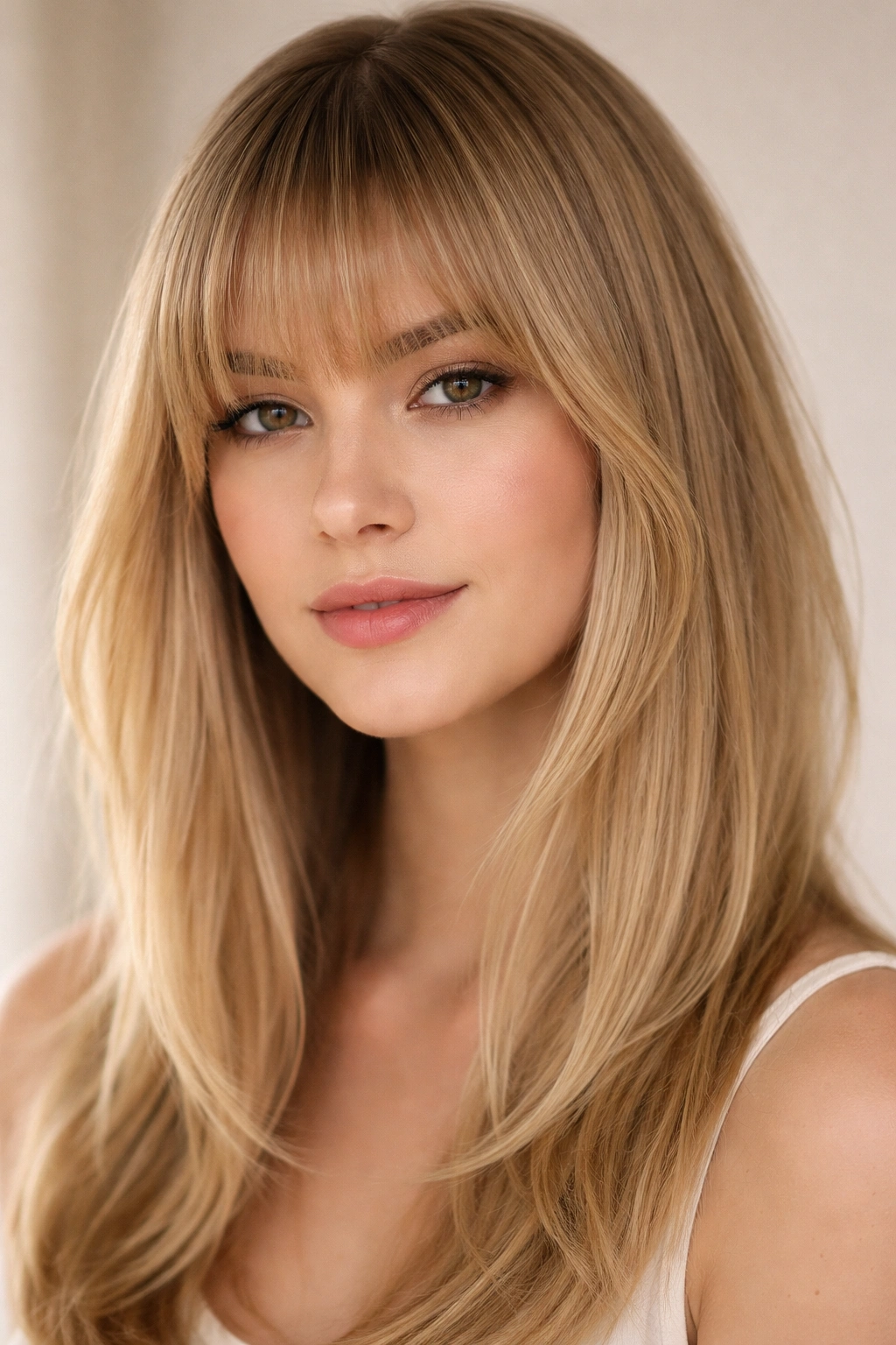 Close-up of blunt-cut curtain bangs with softly feathered edges on fine straight hair